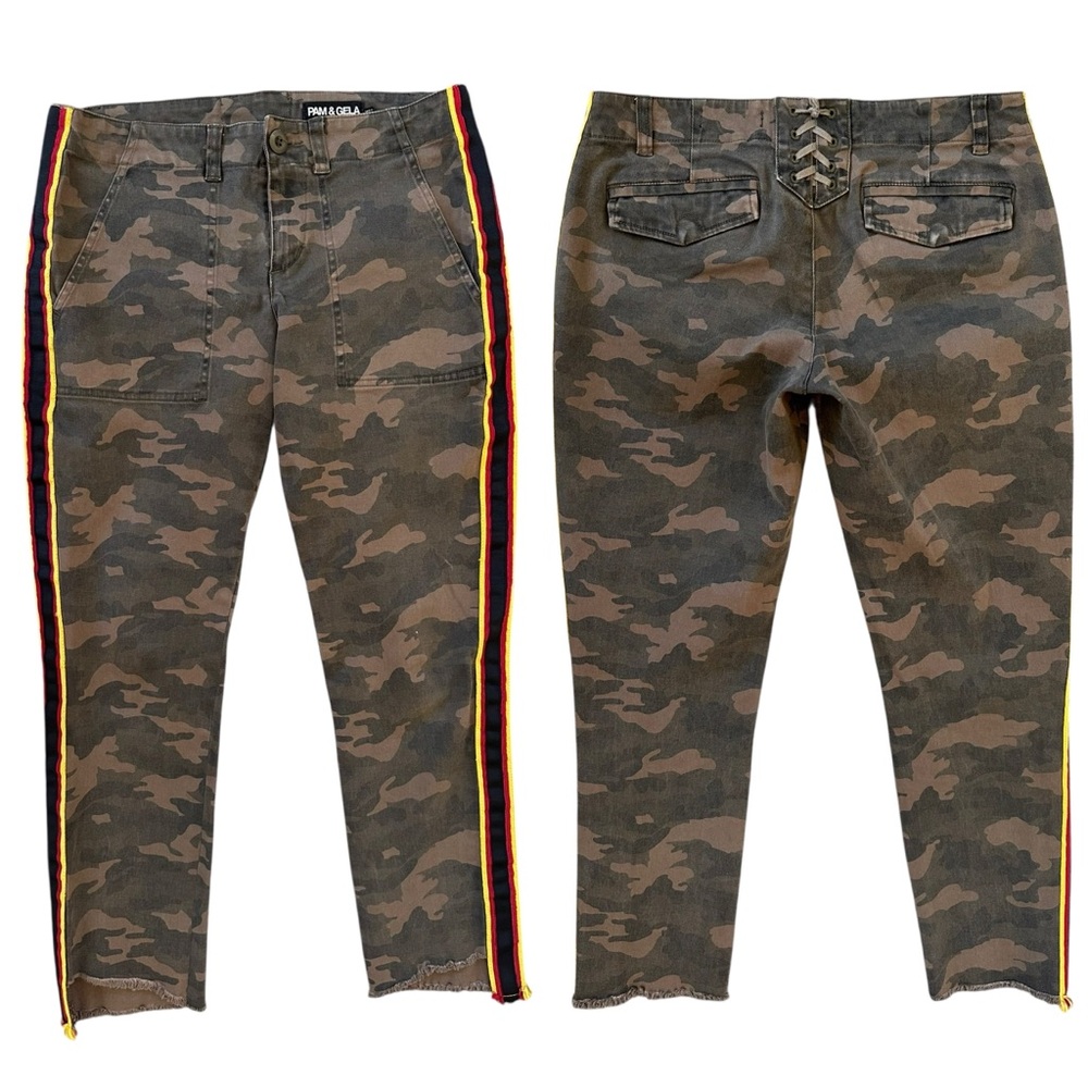Pam & Gela Camo Army Print Step asymmetrical Hem Racing Stripe Trim Pants Sz 27